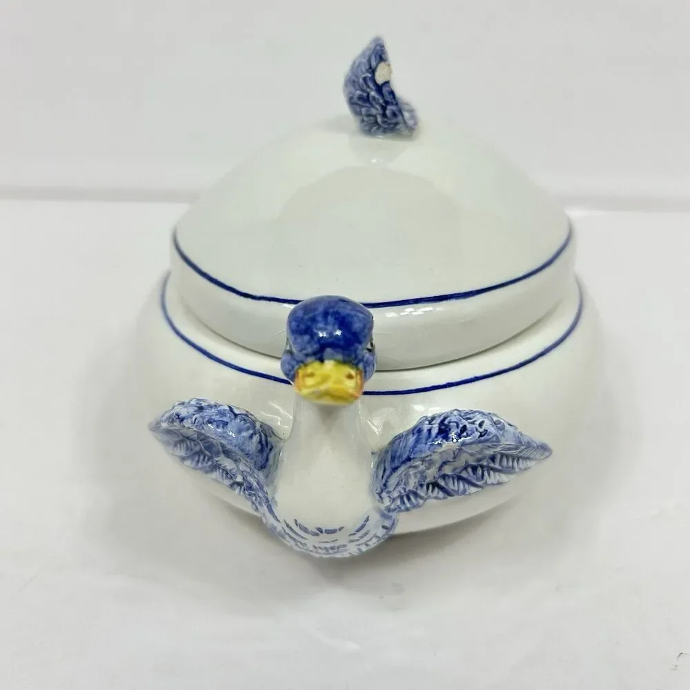 Blue White Ceramic Duck Tureen Ladle Lid Made in Italy Country Farmhouse Decor